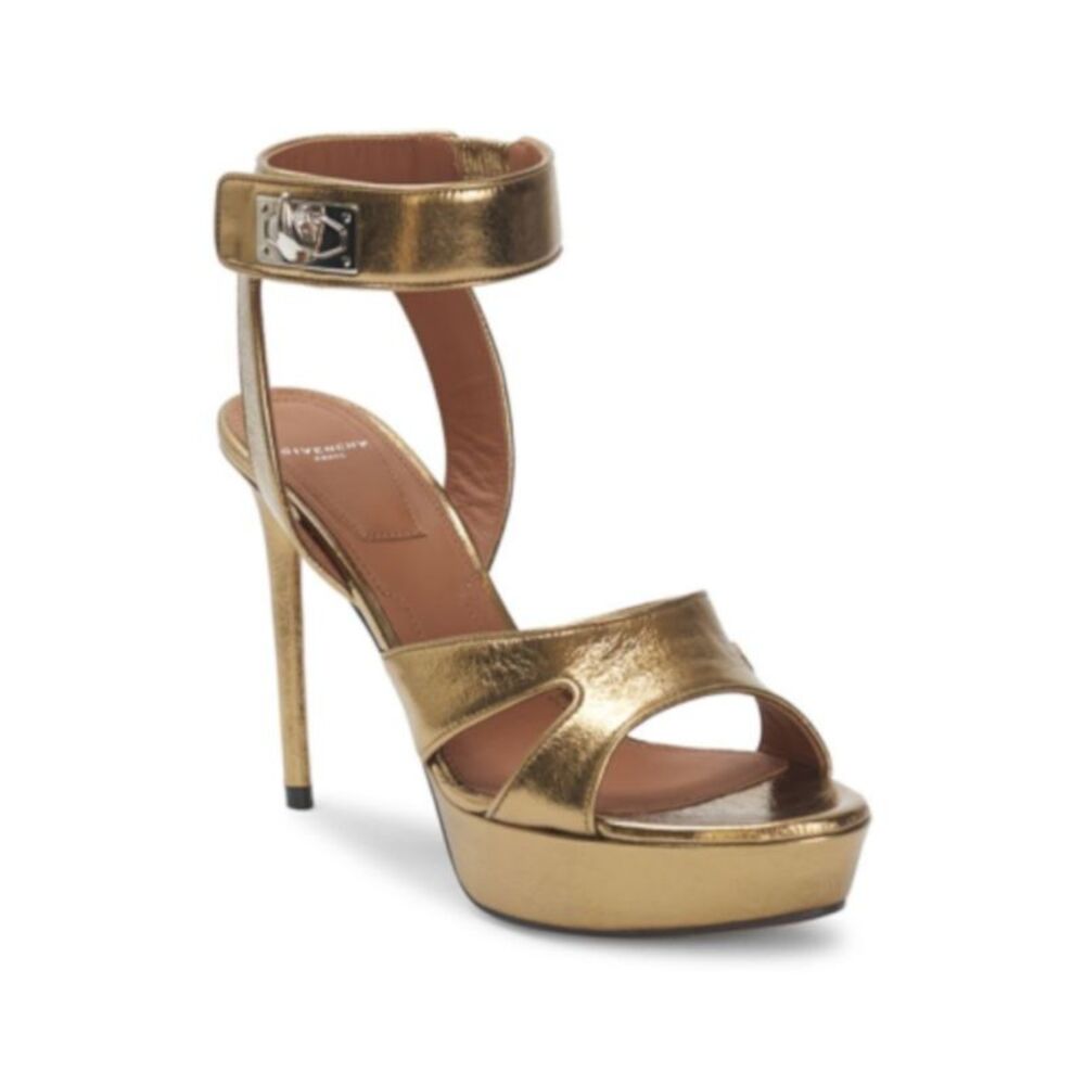 GIVENCHY Womens Gold 1-1/2" Platform Round Toe Stiletto Leather Heeled Sandal 40 - Picture 1 of 4